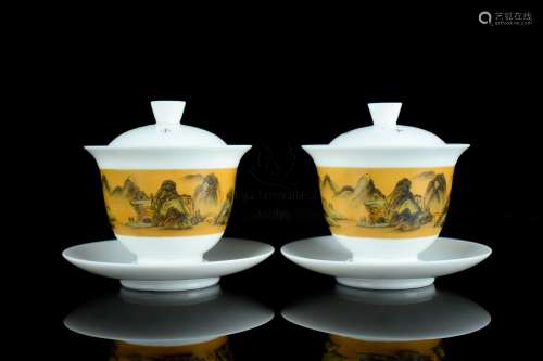 PAIR OF FAMILLE ROSE TEA CUP SET