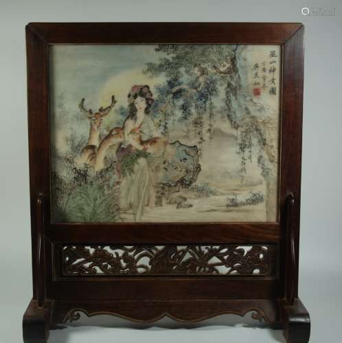 A Chinese Carved Huanghuali Screen with Marble Inlaided