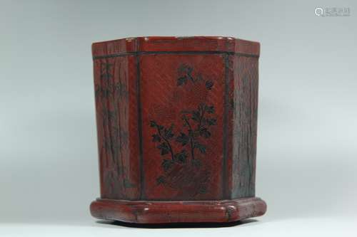 A Chinese Carved Tixi Lacquer Brush Pot