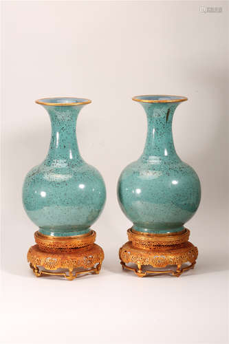 A Pair of Chinese Jun-Type Porcelain Vases with Gilt Bronze Stands