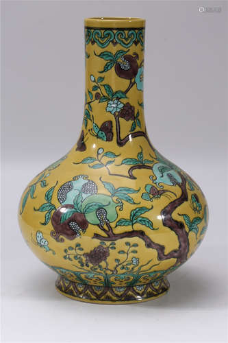 A Chinese Yellow Ground Famille-Rose Porcelain Vase