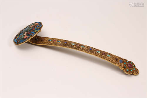 A Chinese Gilt Silver Ruyi with Kingfisher Feather Inlaid