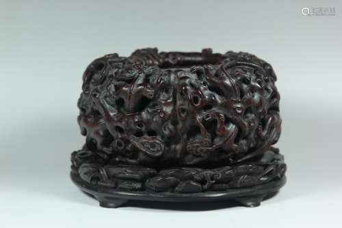 A Chinese Carved Agar-Wood Brush Washer