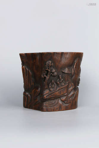 A Chinese Carved Agar-Wood Brush Pot