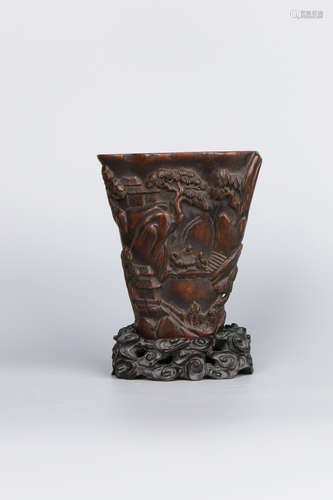 A Chinese Carved Agar-Wood Cup with Stand