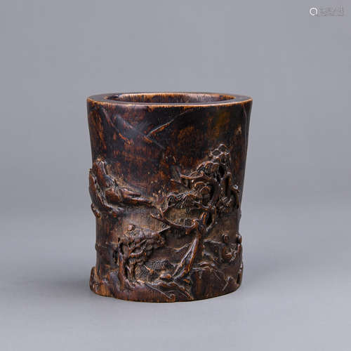 A Chinese Carved Agar-Wood Brush Pot