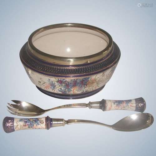 Signed English Porcelain & Silver Plate 19th C 3 Piece Salad Set