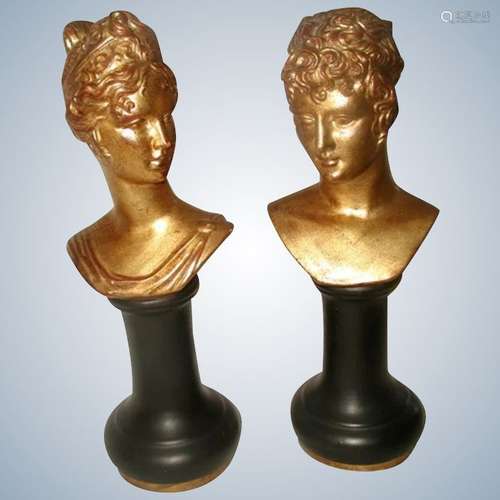 Roman Porcelain Busts Italy Gilt Black Early 1900's