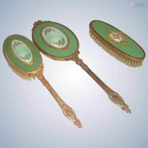 Apollo Vanity Set 3 Piece Gold Plated Enameled Early 1900's