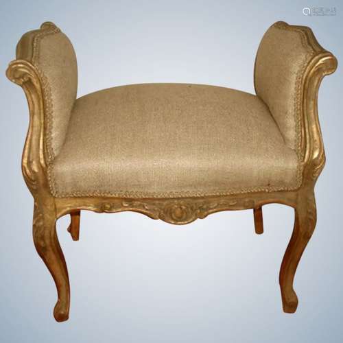 French Gilt Bench 19th Century Hand Carved New Upholstery