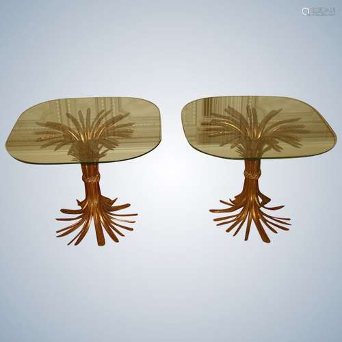 Hollywood Regency Side Tables Gilt Metal Glass