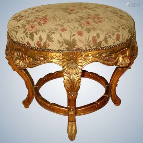 French Large Stool Gilt Original Mohair 19 Century