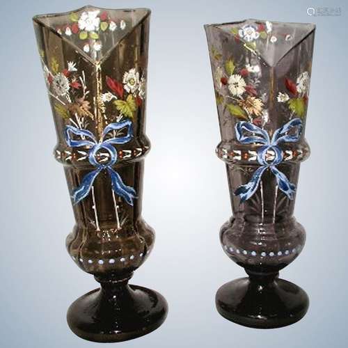 Pair Hand Blown Glass Vases 19th C Hand Painted