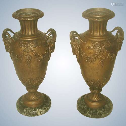 Pair Italian Bronze Urns 19th C Marble Base