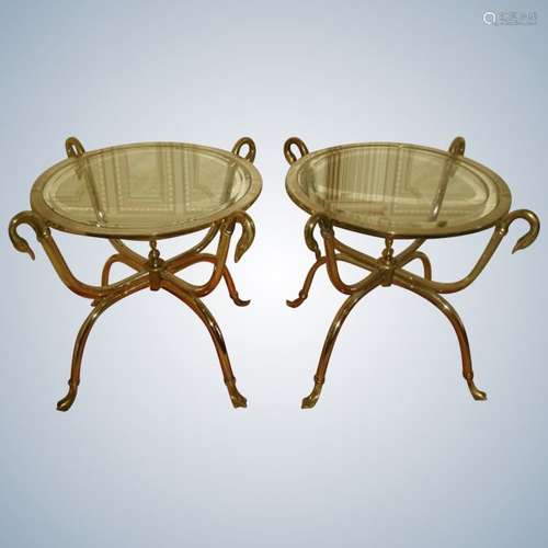 Neoclassical Duck Side Tables Brass Chrome Beveled Glass Pair