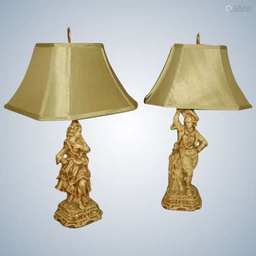 Pair Figurative Lamps Early 1900's Rewired New Silk Shades