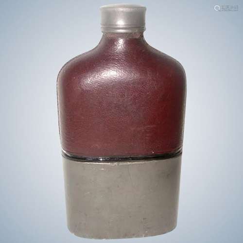 English Leather Flask Nickle Base 19th Century