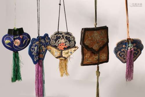 Five Silk Embroidered Prayer Bead Pouches