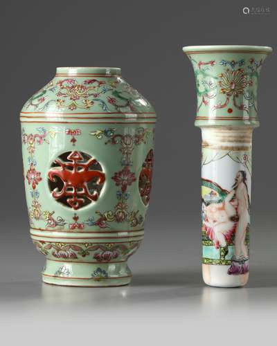 A Chinese celadon-ground famille rose 'revolving' vase