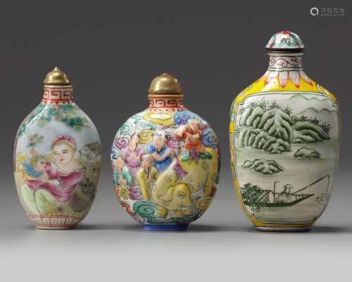 Three Chinese painted enamel and famille rose snuff bottles