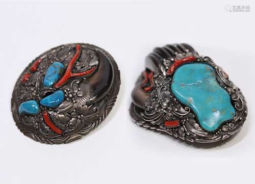 Pair Of Silver With Turquoise & Coral Belt Buckles