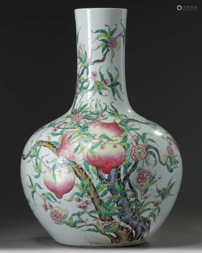 A large Chinese famille rose ‘nine peaches' bottle vase, tianqiuping