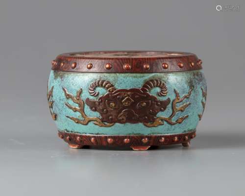 A Chinese robins egg and faux-bois enamelled drum-shaped stand