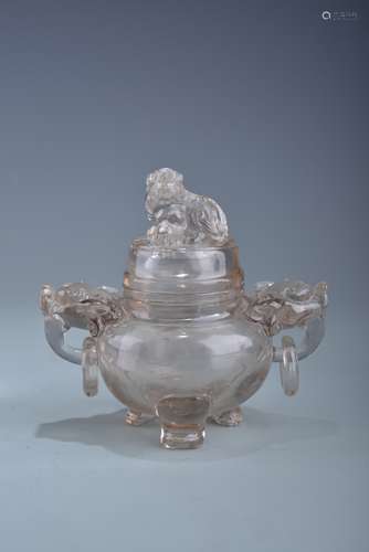 A Chinese rock crystal tripod censer and cover