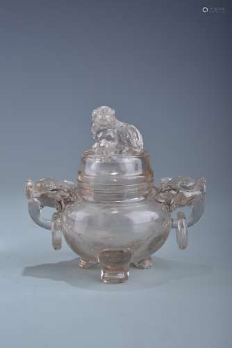 A Chinese rock crystal tripod censer and cover
