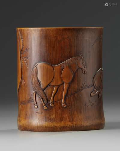 A Chinese bamboo 'horses' brush pot, bitong