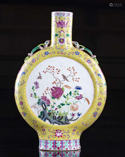 A Chinese famille rose yellow-ground moonflask