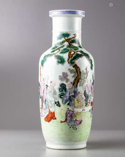 A Chinese famille rose rouleau vase