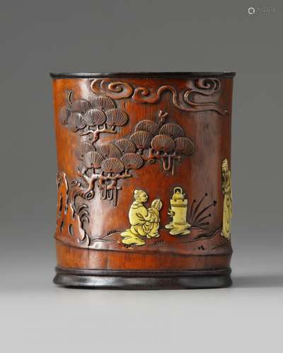 A Chinese bone-inlaid bamboo brush pot, bitong