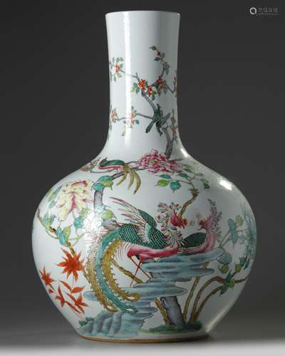 A large Chinese famille rose 'birds and flowers' bottle vase, tianqiuping