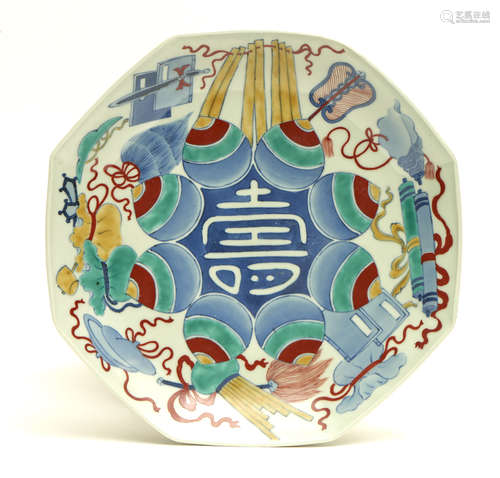 Octogonal polychrome-ware Nabeshima so-called “one feet” plate decorated with auspicious treasures