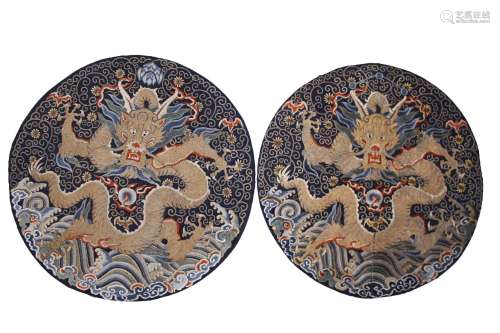 Pair Of Round Embroidered Silk Dragon Rank Badges
