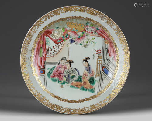 A Chinese ruby-back famille rose 'figural' dish