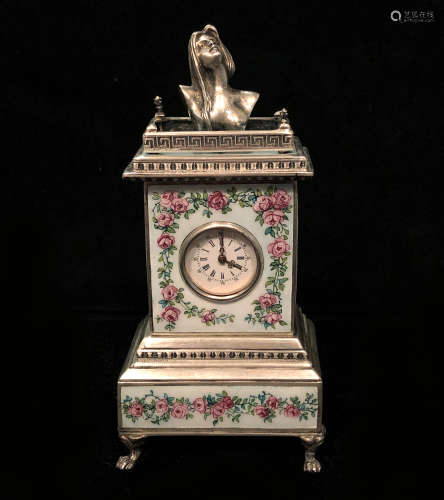 Sterling Silver And Enamel Clock