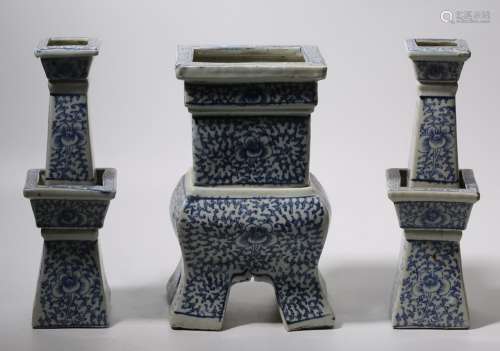 Set Of Three Blue And White Porcelain Incense Burners