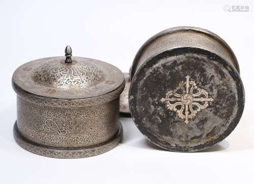 Pair Of Silver And Gold Inlaid Covered Containers