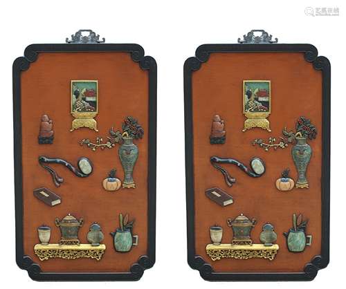 Pair Of Zitan Wood Wall Hangings With Inlay Stone