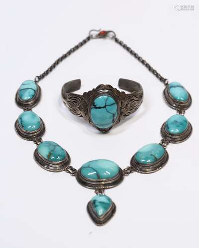 Silver And Turquoise Necklace And Bracelet