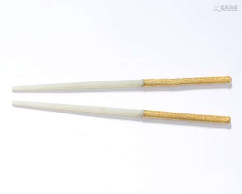 Carved Jade Chop Sticks With Gold Handles