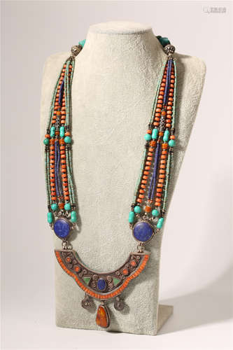 Turquoise Coral Lapis And Silver Necklace