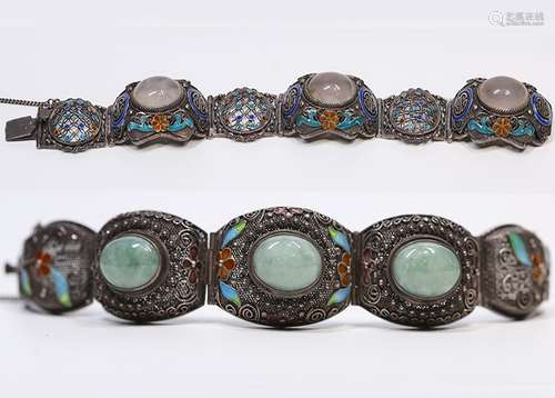 Pair Of Silver And  Stone Inlaid Bracelets