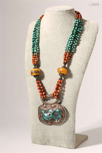 Turquoise Coral And Silver Necklace