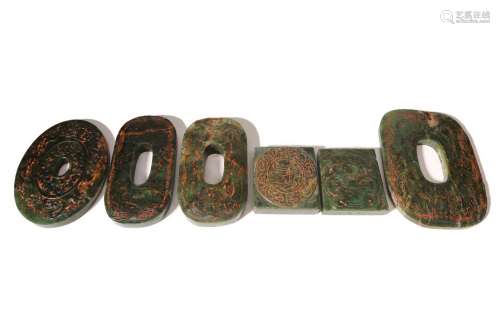 Six Carved Green Jade Disks and Square Pendants