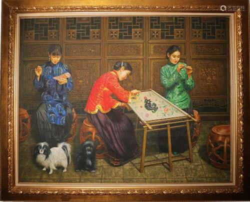 Oil Painting Of Women Embroidering