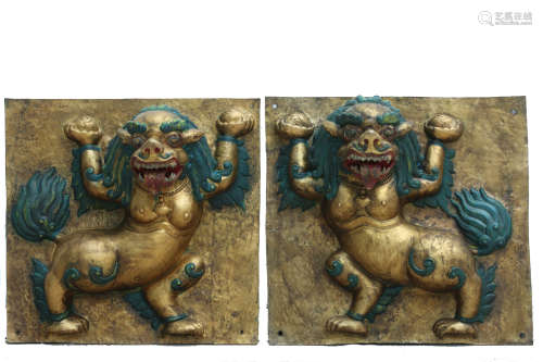 Pair Of Gilt Bronze Mythical Beast Plaques