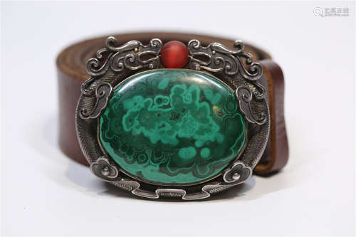 Silver With Green Stone Inlay Buckle and Leather Belt